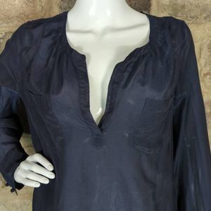 Calypso St Barth Blouse Woman's Size Medium Navy Blue Silk Blend Semi Sheer